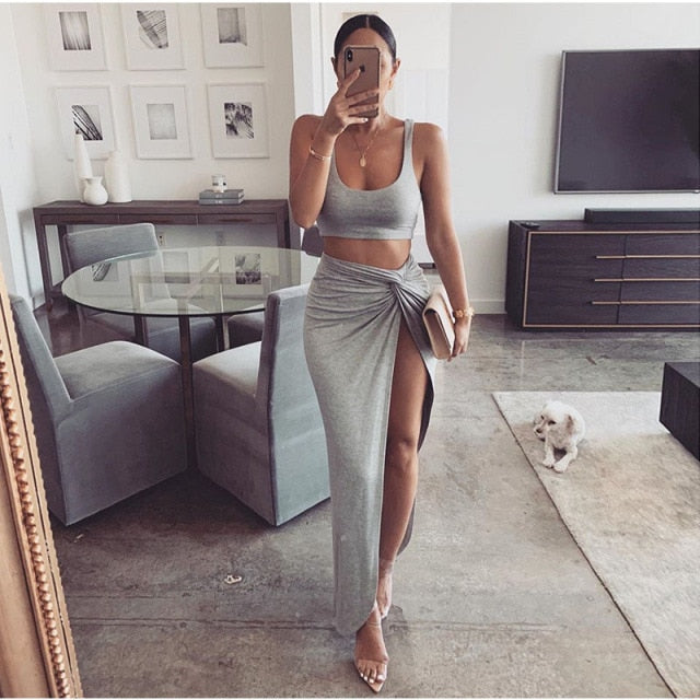 NewAsia Sexy Party 2 Piece Set Women Plus Size Crop Top Twist Side Split Long Skirts Matching Sets Club Two Piece Outfits 2021