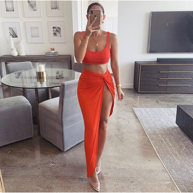 NewAsia Sexy Party 2 Piece Set Women Plus Size Crop Top Twist Side Split Long Skirts Matching Sets Club Two Piece Outfits 2021