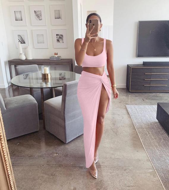 NewAsia Sexy Party 2 Piece Set Women Plus Size Crop Top Twist Side Split Long Skirts Matching Sets Club Two Piece Outfits 2021