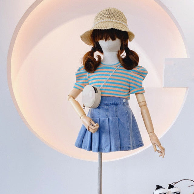 Summer Girls' Clothing Sets Korean Denim Short-sleeved T-shirt+High Waist Skirt 2PCS Baby Kids Clothes Suit Children Clothing