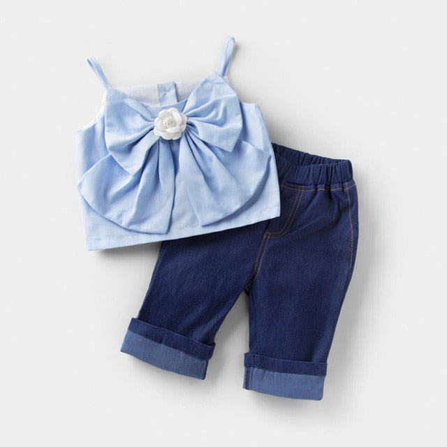 Summer Girls' Clothing Sets Korean Denim Short-sleeved T-shirt+High Waist Skirt 2PCS Baby Kids Clothes Suit Children Clothing