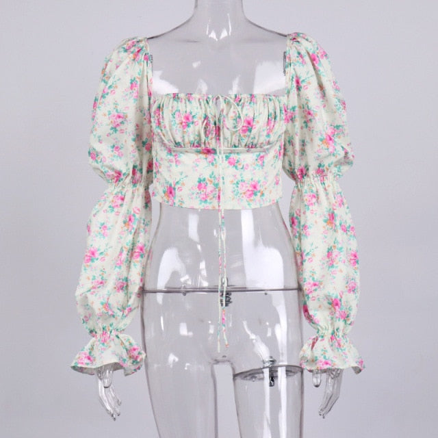 Cryptographic Blue Floral Print Tie Front Top and Blouses Shirts Square Collar Puff Sleeve Elegant Vintage Sexy Shirt Tops Chic