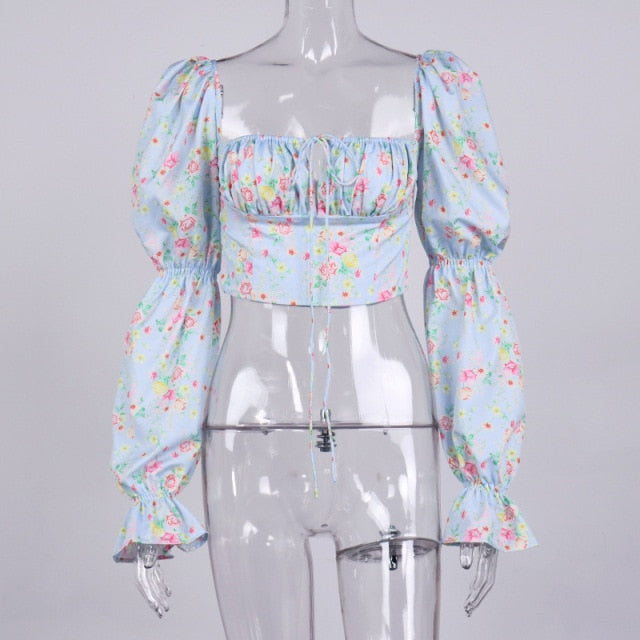Cryptographic Blue Floral Print Tie Front Top and Blouses Shirts Square Collar Puff Sleeve Elegant Vintage Sexy Shirt Tops Chic
