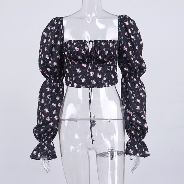 Cryptographic Blue Floral Print Tie Front Top and Blouses Shirts Square Collar Puff Sleeve Elegant Vintage Sexy Shirt Tops Chic