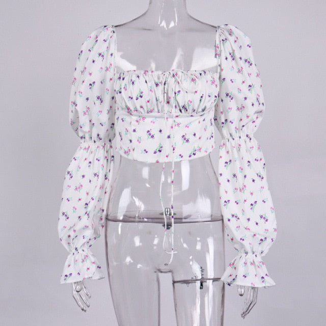 Cryptographic Blue Floral Print Tie Front Top and Blouses Shirts Square Collar Puff Sleeve Elegant Vintage Sexy Shirt Tops Chic