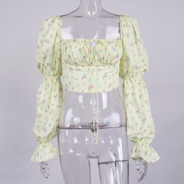Cryptographic Blue Floral Print Tie Front Top and Blouses Shirts Square Collar Puff Sleeve Elegant Vintage Sexy Shirt Tops Chic