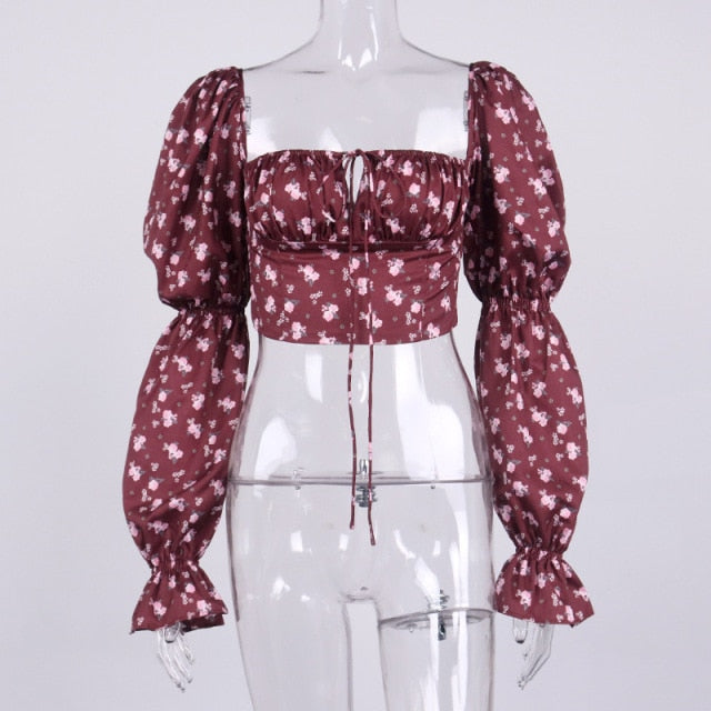 Cryptographic Blue Floral Print Tie Front Top and Blouses Shirts Square Collar Puff Sleeve Elegant Vintage Sexy Shirt Tops Chic