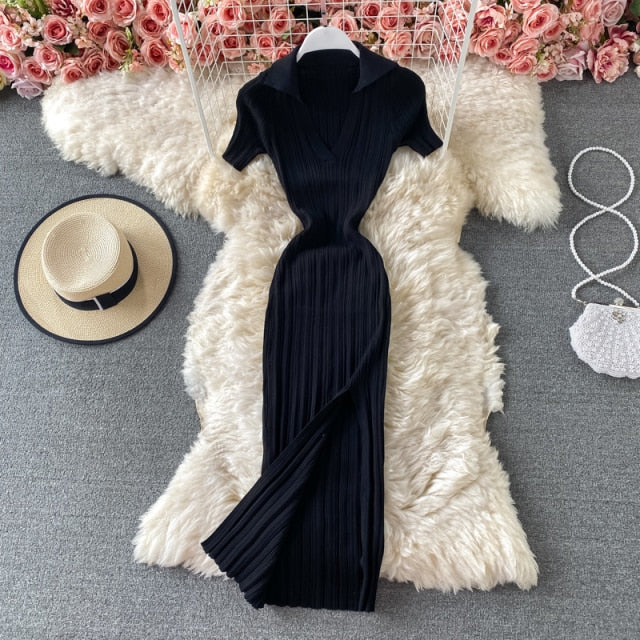 2021 Sexy V-neck Short-sleeved Knit Bodycon Dress Women Casual Summer Slim Elastic High Split Mid-calf Ribbed Long Dress Vestido