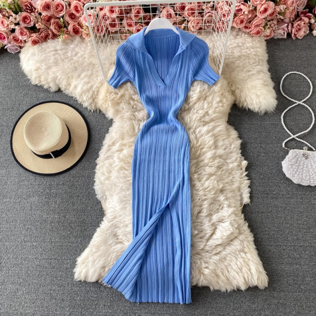 2021 Sexy V-neck Short-sleeved Knit Bodycon Dress Women Casual Summer Slim Elastic High Split Mid-calf Ribbed Long Dress Vestido