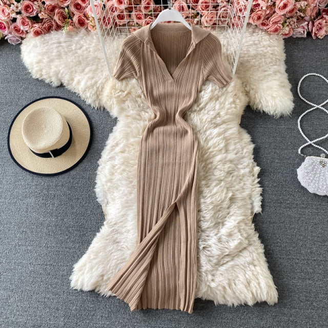2021 Sexy V-neck Short-sleeved Knit Bodycon Dress Women Casual Summer Slim Elastic High Split Mid-calf Ribbed Long Dress Vestido