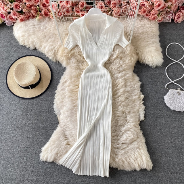 2021 Sexy V-neck Short-sleeved Knit Bodycon Dress Women Casual Summer Slim Elastic High Split Mid-calf Ribbed Long Dress Vestido