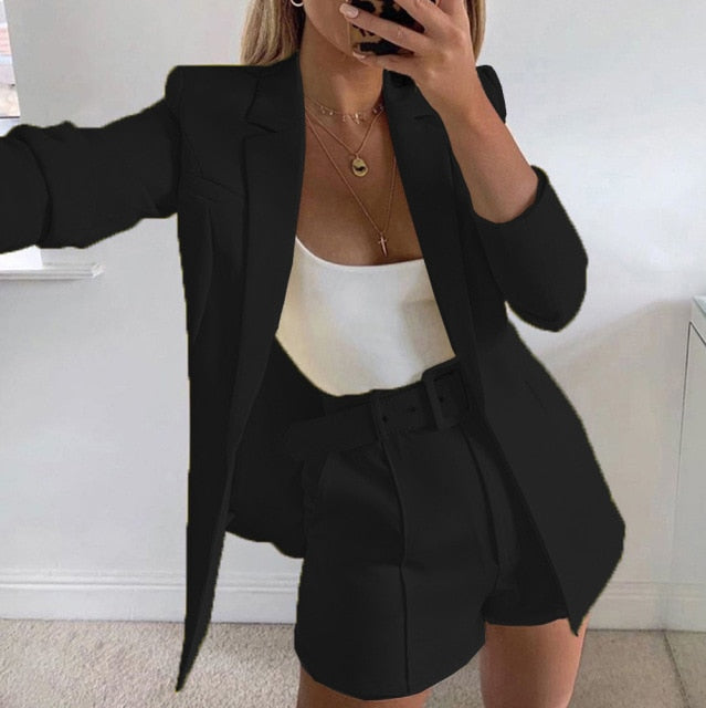 LTPH Hot sale 2021 New Women Sets Autumn long sleeve cardigan Blazer shorts solid 2 piece set Lady Casual Short Suits Clearance