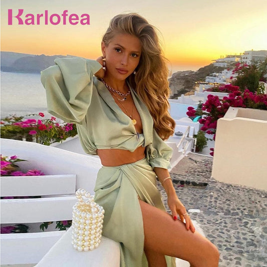 Karlofea 2 Piece Set Women Summer Beach Vacation Outfits Sexy Cropped Blouse Shirts High Split Long Skirt Matching Suit Clothes