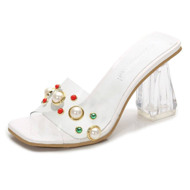 Summer Slippers Ladies Heels PVC Transparent Diamond Clear Femme Slides Peep Toe Cup Heel 9cm Sandals Women Shoes Pumps Size 46