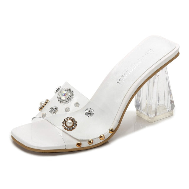 Summer Slippers Ladies Heels PVC Transparent Diamond Clear Femme Slides Peep Toe Cup Heel 9cm Sandals Women Shoes Pumps Size 46