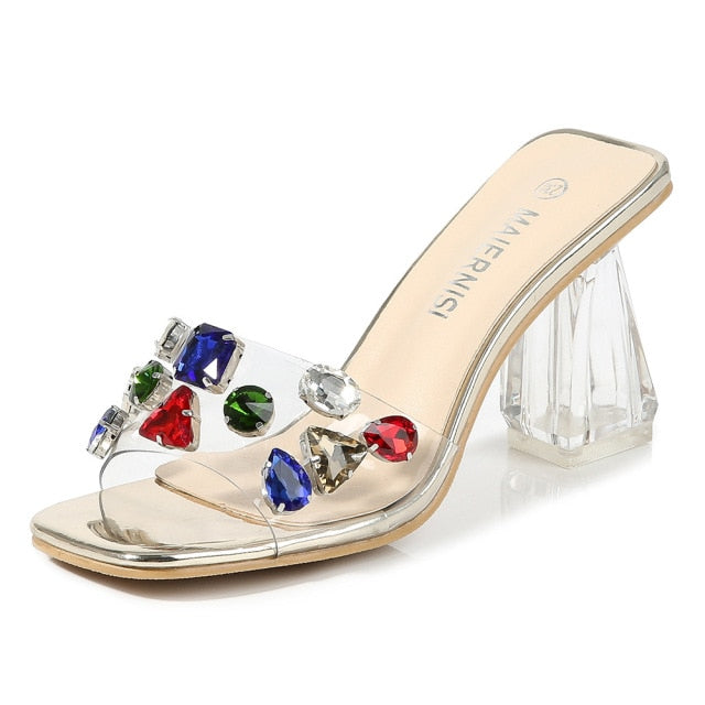 Summer Slippers Ladies Heels PVC Transparent Diamond Clear Femme Slides Peep Toe Cup Heel 9cm Sandals Women Shoes Pumps Size 46
