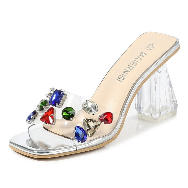 Summer Slippers Ladies Heels PVC Transparent Diamond Clear Femme Slides Peep Toe Cup Heel 9cm Sandals Women Shoes Pumps Size 46