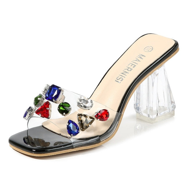 Summer Slippers Ladies Heels PVC Transparent Diamond Clear Femme Slides Peep Toe Cup Heel 9cm Sandals Women Shoes Pumps Size 46