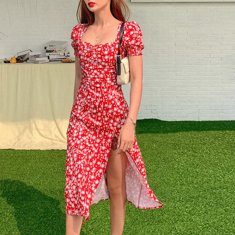 Women Summer Vintage Party Dress Y2K Lady France Style Puff Sleeve Floral Print Square Collar Side Split Midi Dress Vestido 2021