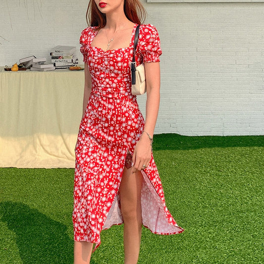 Women Summer Vintage Party Dress Y2K Lady France Style Puff Sleeve Floral Print Square Collar Side Split Midi Dress Vestido 2021
