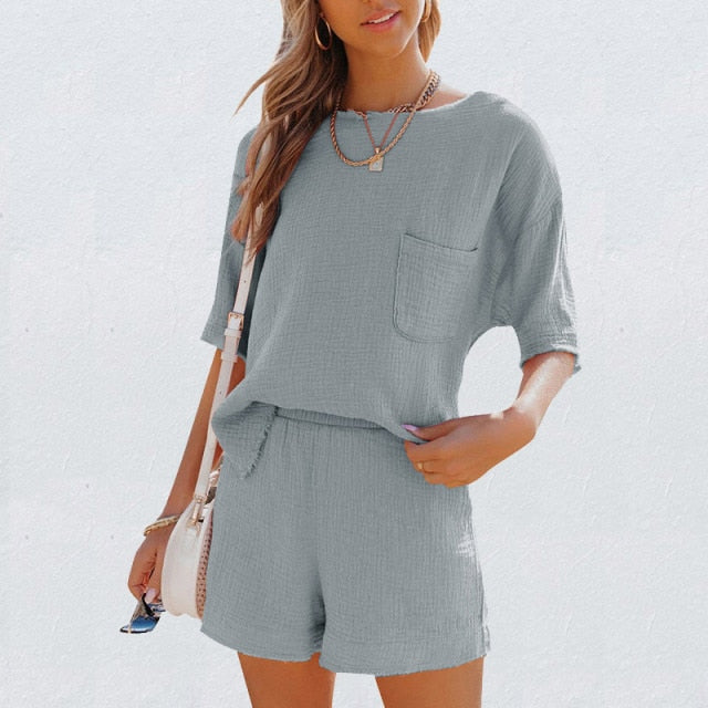 Summer Casual Cotton Linen Pocket Sets Short Sleeve T Shirt And Elastic Shorts Two Piece Set Women Beach Solid Outfits Tracksuit