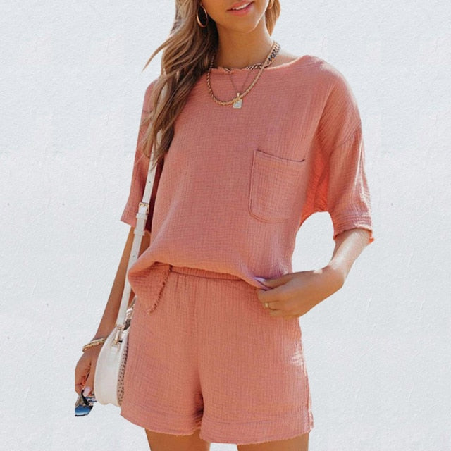 Summer Casual Cotton Linen Pocket Sets Short Sleeve T Shirt And Elastic Shorts Two Piece Set Women Beach Solid Outfits Tracksuit