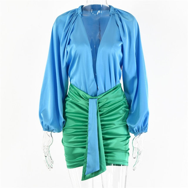 Articat Sexy Deep V-neck Satin Two Piece Set Women Long Sleeve Top Short Skirt Sets Matching Casual Partywear Winter Women Set