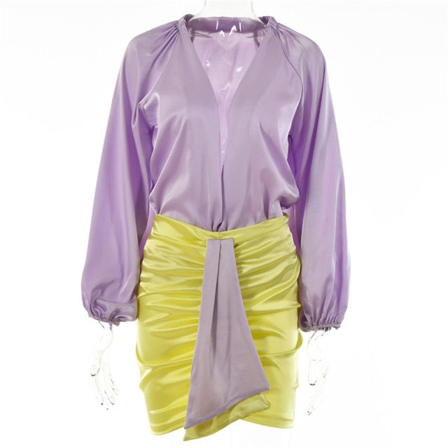 Articat Sexy Deep V-neck Satin Two Piece Set Women Long Sleeve Top Short Skirt Sets Matching Casual Partywear Winter Women Set