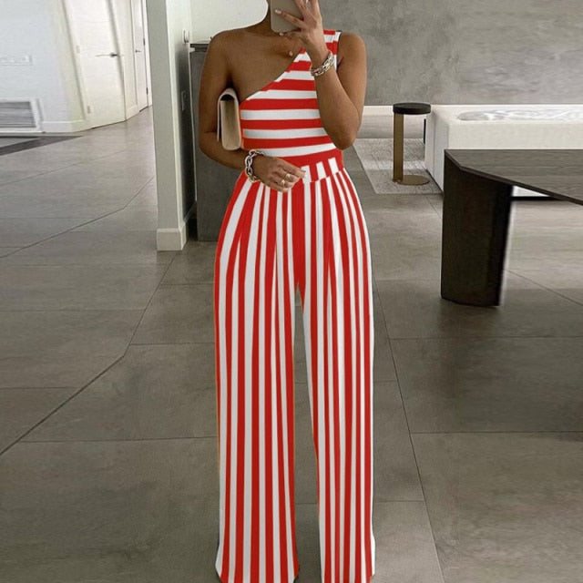 Elegant Office Lady Wide Leg Jumpsuit Sexy Off Shoulder Women Rompers Bodysuit Summer Fashion Striped Printed Overalls Playsuits