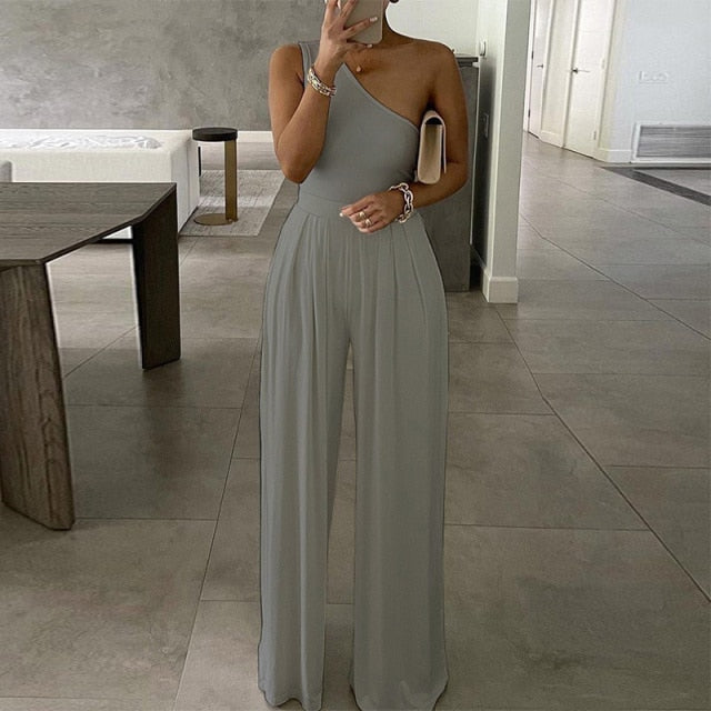 Elegant Office Lady Wide Leg Jumpsuit Sexy Off Shoulder Women Rompers Bodysuit Summer Fashion Striped Printed Overalls Playsuits