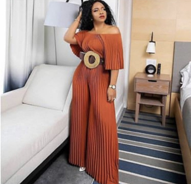 Women Off Shoulder Jumpsuit Loose Pleated High Waist Half Sleeve Fashion Sexy Party Clubwear Night Date Out Female Playsuits New