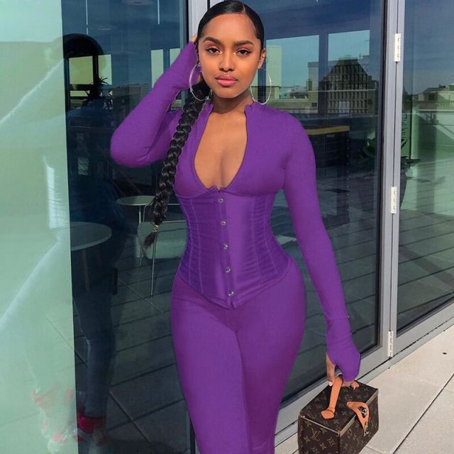 Sexy Women Jumpsuit  corset 2 pieces set Solid Color Bodycon Long Romper Women Jumpsuit Bodysuit