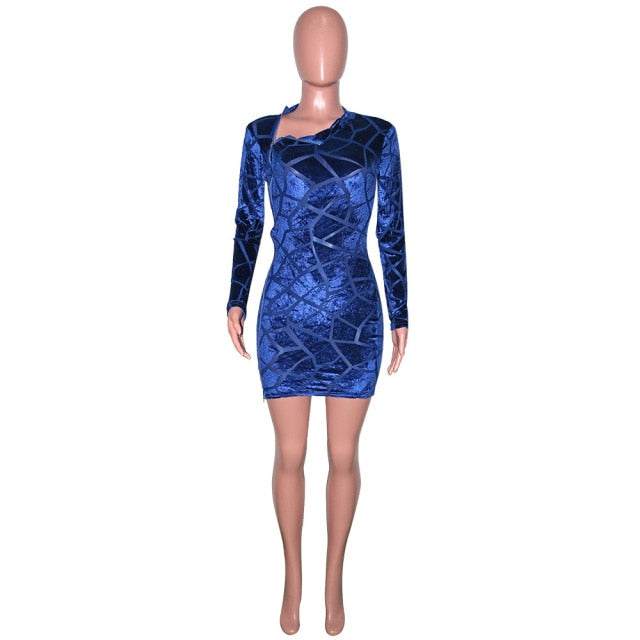 Beyprern New Chic Zipped Mini Dress(Royal Blue) Womens Long Sleeve Side Slit Skinny Velvet Short Party Dress Birthday Outfits