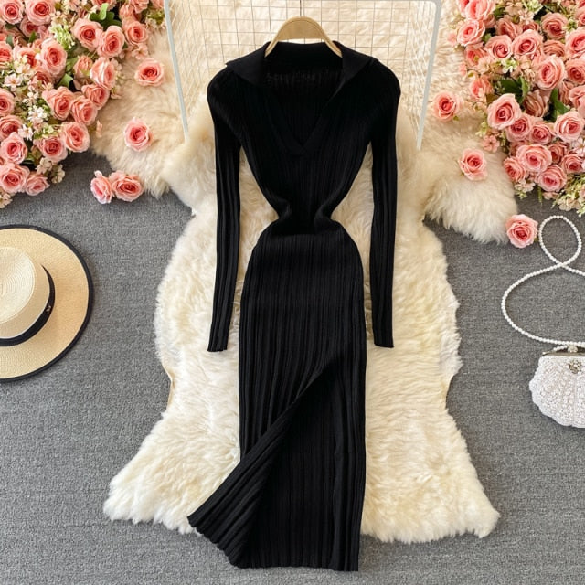 2021 Sexy V-neck Short-sleeved Knit Bodycon Dress Women Casual Summer Slim Elastic High Split Mid-calf Ribbed Long Dress Vestido