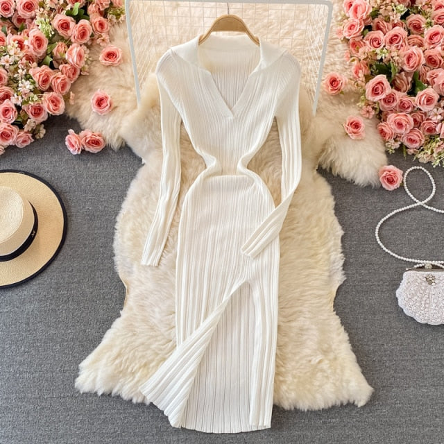 2021 Sexy V-neck Short-sleeved Knit Bodycon Dress Women Casual Summer Slim Elastic High Split Mid-calf Ribbed Long Dress Vestido