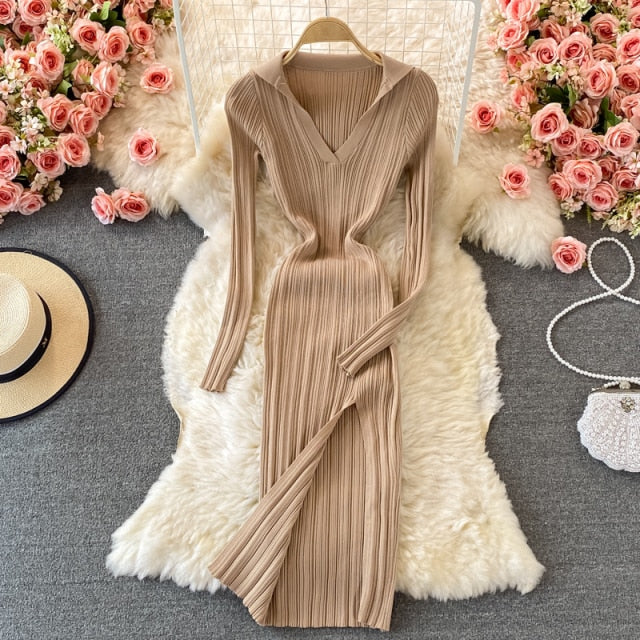 2021 Sexy V-neck Short-sleeved Knit Bodycon Dress Women Casual Summer Slim Elastic High Split Mid-calf Ribbed Long Dress Vestido