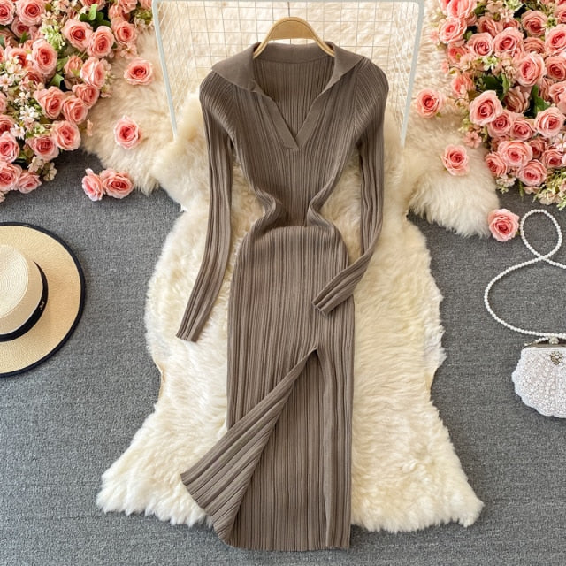 2021 Sexy V-neck Short-sleeved Knit Bodycon Dress Women Casual Summer Slim Elastic High Split Mid-calf Ribbed Long Dress Vestido