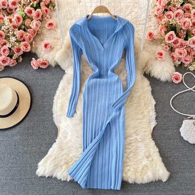 2021 Sexy V-neck Short-sleeved Knit Bodycon Dress Women Casual Summer Slim Elastic High Split Mid-calf Ribbed Long Dress Vestido