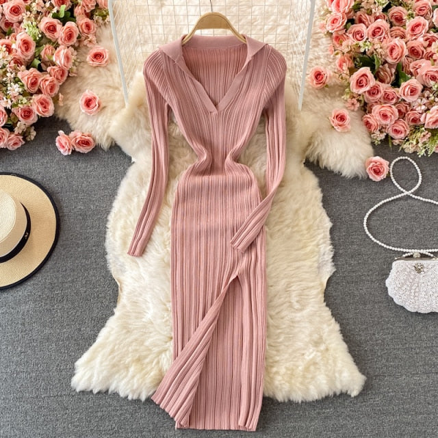 2021 Sexy V-neck Short-sleeved Knit Bodycon Dress Women Casual Summer Slim Elastic High Split Mid-calf Ribbed Long Dress Vestido