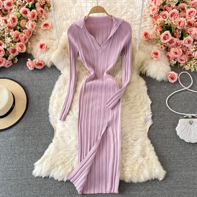 2021 Sexy V-neck Short-sleeved Knit Bodycon Dress Women Casual Summer Slim Elastic High Split Mid-calf Ribbed Long Dress Vestido
