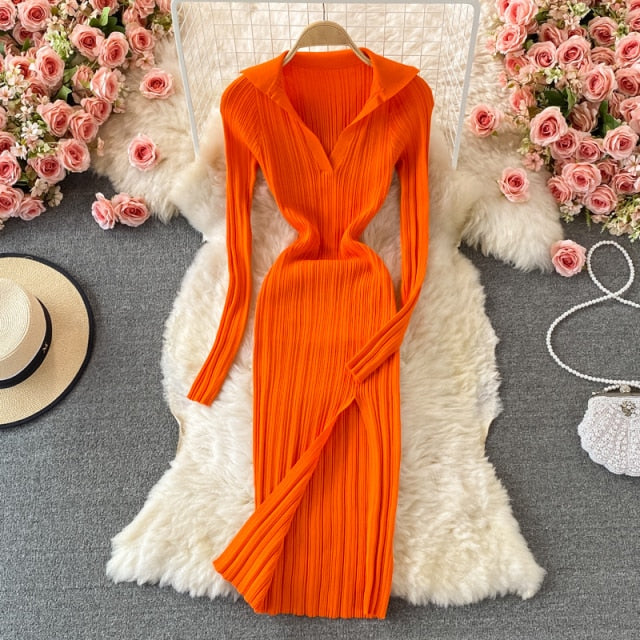2021 Sexy V-neck Short-sleeved Knit Bodycon Dress Women Casual Summer Slim Elastic High Split Mid-calf Ribbed Long Dress Vestido