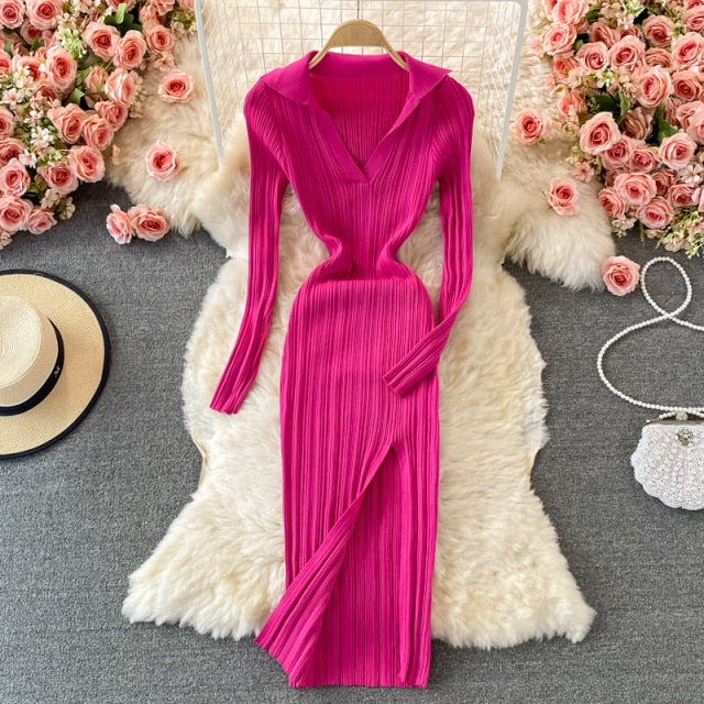 2021 Sexy V-neck Short-sleeved Knit Bodycon Dress Women Casual Summer Slim Elastic High Split Mid-calf Ribbed Long Dress Vestido