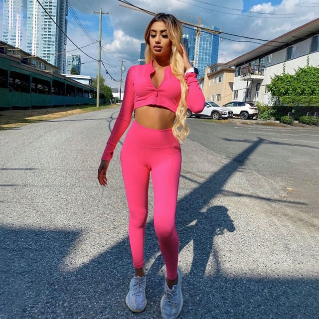 2021 Autumn Winter Women 2 Two Piece Set Long Sleeve Crop Tops Tshirt Leggings Pants Set Bodycon Sport Fitness Tracksuit