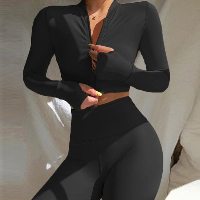 2021 Autumn Winter Women 2 Two Piece Set Long Sleeve Crop Tops Tshirt Leggings Pants Set Bodycon Sport Fitness Tracksuit