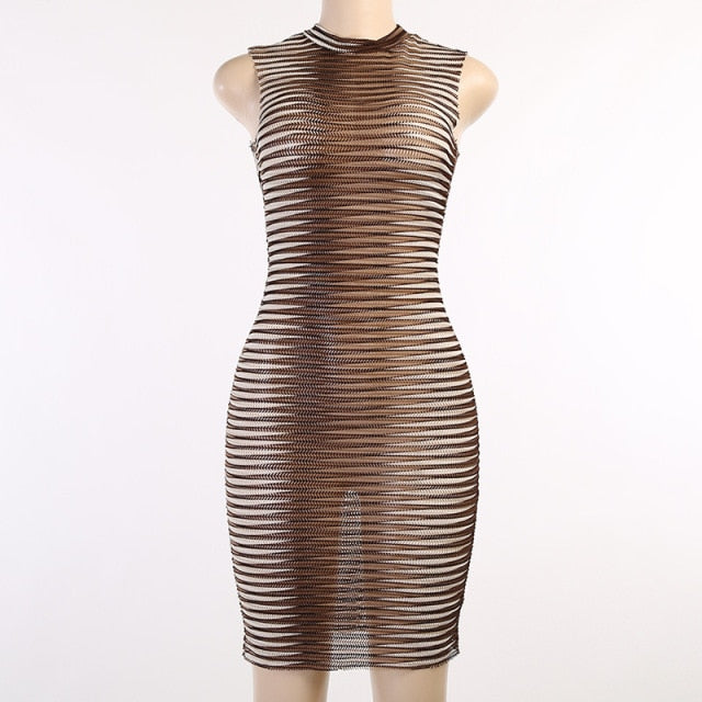Hawthaw Women Summer Sleeveless See Through Bodycon Striped Mini Dress Sundress 2021 Female Clothing Streetwear Wholesale Items