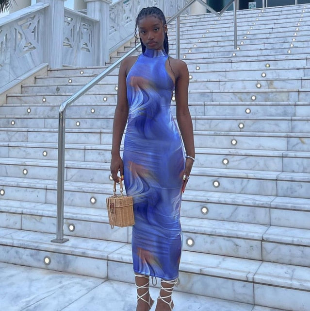 Hawthaw Women Summer Fashion Backless Sleeveless  Printed Bodycon Slim Pencil Dress 2021 Female Clothing Streetwear Wholesale