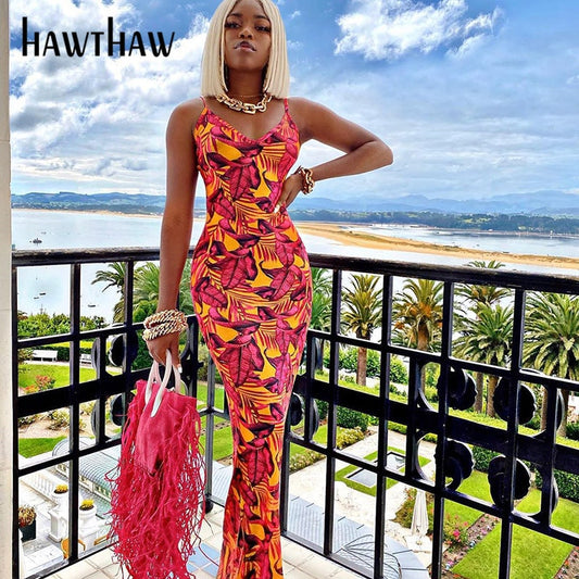 Hawthaw Women Summer Party Evening Sleeveless Printed V Neck Bodycon Pencil Long Dress Clothes 2021 Female Clothing Wholesale