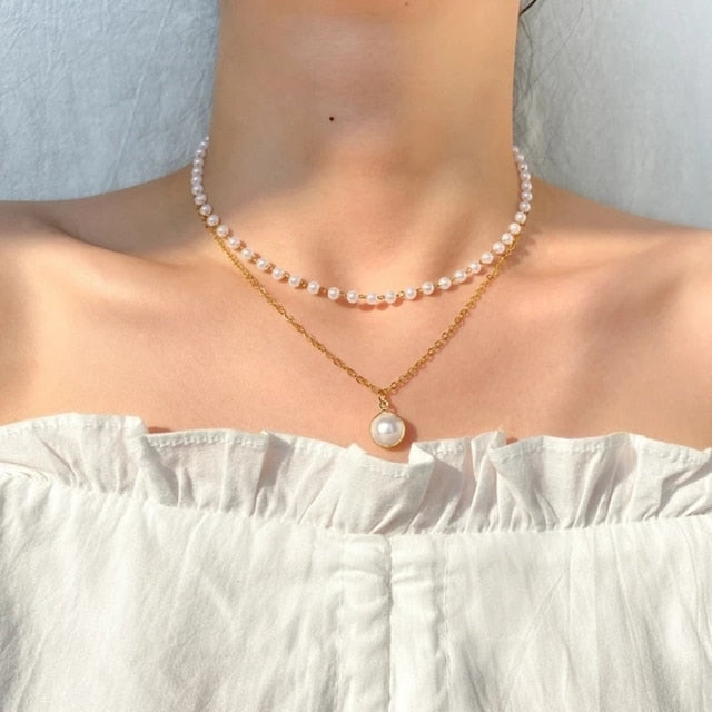 DAXI Beaded Choker Pearl Necklace For Women Gold Chain Necklaces Pendant Collar Choker Chains Bead Necklace Vintage Jewelry 2021