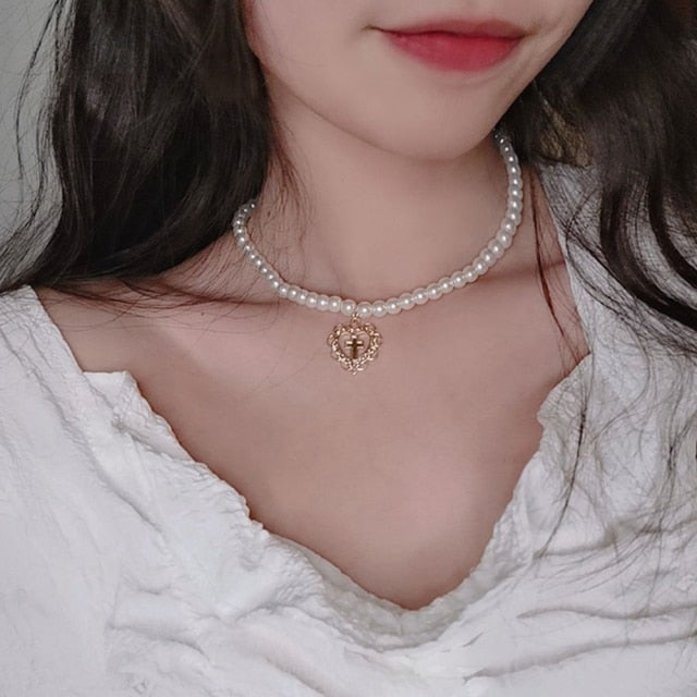 DAXI Beaded Choker Pearl Necklace For Women Gold Chain Necklaces Pendant Collar Choker Chains Bead Necklace Vintage Jewelry 2021