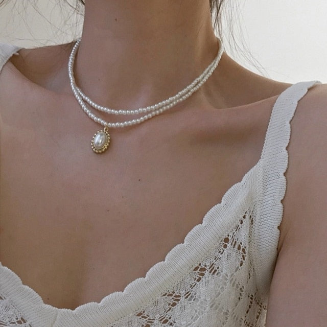 DAXI Beaded Choker Pearl Necklace For Women Gold Chain Necklaces Pendant Collar Choker Chains Bead Necklace Vintage Jewelry 2021